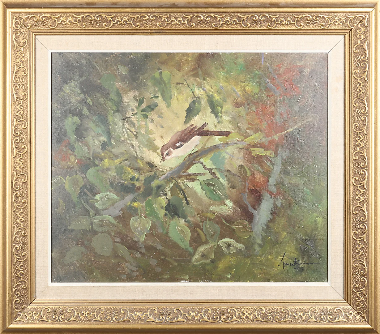 TORBJÖRN MARTINSSON. TAVLA, Olja på duk, "Törnsångare", signerad. — Paintings — Södermanlands Auktionsverk