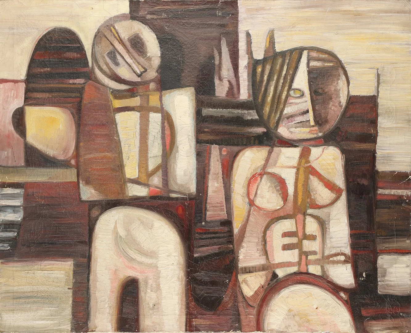 Ubekendt kunstner, kubistisk komposition med mand og kvinde, olie på lærred, signeret, 1950-60'erne. — Paintings — Palsgaard Kunstauktioner