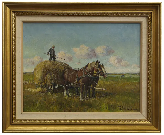THEODOR ULRICHSEN. Olja på duk, hästar med hölass, signerad.