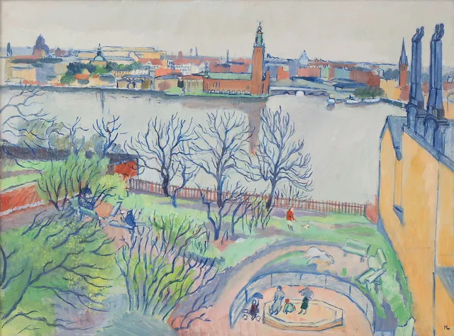 HILDING LINNQVIST (1891-1984). Vy från Mariaberget mot Stadshuset, Stockholm. Olja på duk.