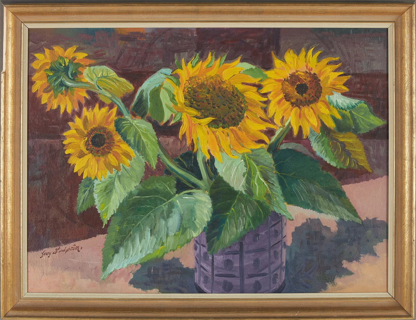 GEORG LINDSTRÖM. olja på pannå, motiv med solrosor, signerad. — Paintings — Stockholms Auktionsverk Sickla