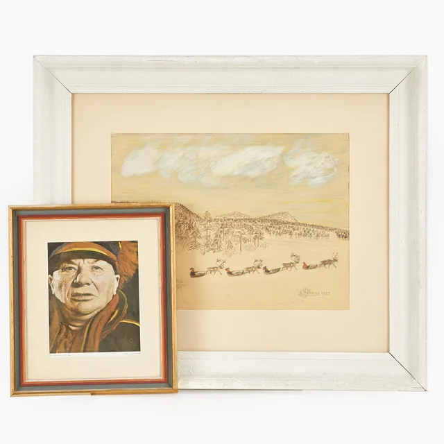 NILS NILSSON SKUM (1872–1951). Renslädar i fjällandskap, signerad NN Skum, daterad 1905, blandteknik på papper.