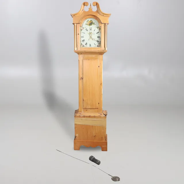 A GEORGE III 30 HOUR LONG CASE CLOCK IN STRIPPED PINE CASE.