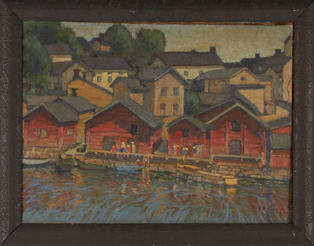 FRANS NYBERG. Hamnmotiv med staden i bakgrunden, olja på duk, signerad och daterad 1927.