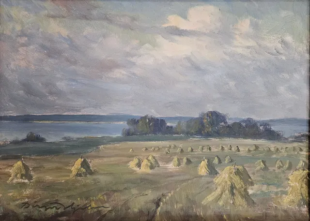 BIRGER HJELM. Höstkväll, Ekebyborna. Olja på pannå, signerad Birger Hjelm.