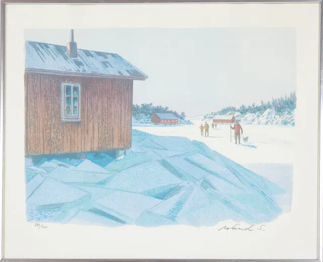ROLAND SVENSSON. "Söndag på isen", färglitografi, signerad och numrerad 289/360.