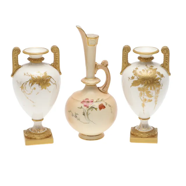 PAIR OF ROYAL WORCESTER GILDED PEDESTAL VASES & BLUSH IVORY JUG.