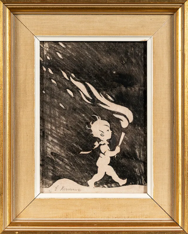 EINAR NERMAN. Blandteknik på papper, "Solstickan", Signerad.