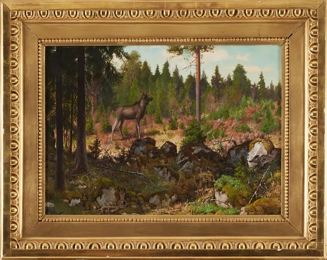 AXEL BORG (1847-1916). Älg i skogsglänta, olja på duk.