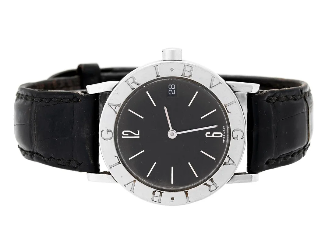 BVLGARI, Bvlgari, Cal 732-MBVB, Serie nr. D78229, Boett nr. BB 30 SLD, damur, 30 mm, stål, quartz, safirglas (fördjupad info), datum, läderband, viklås, ca 1995. — Klockor/Bvlgari — Kaplans