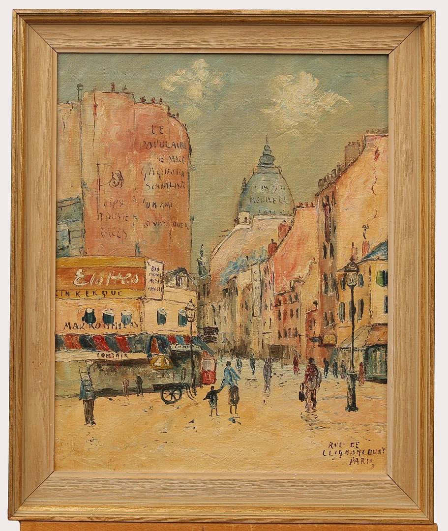 OIDENTIFIERAD KONSTNÄR. Olja på duk, "Rue de Clignancourt, Paris" osignerad. — Paintings — Limhamns Auktionsbyrå