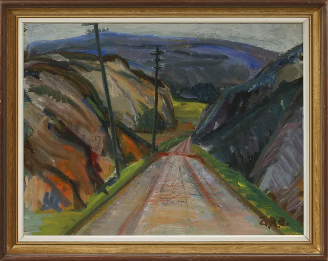 ARNE ROLAND ANDERSSON. Landsväg, olja på pannå, signerad.