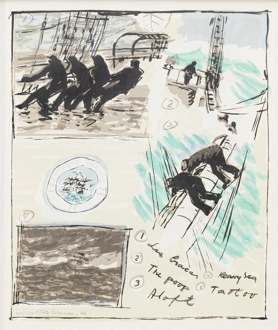 GÖSTA WERNER. "Sailors Grave", färglitografi, signerad, numrerad och daterad, 220/260, -72. — Engravings & Prints — Auktionshuset Kolonn