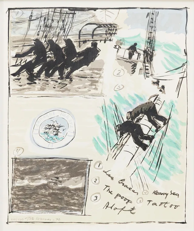 GÖSTA WERNER. "Sailors Grave", färglitografi, signerad, numrerad och daterad, 220/260, -72.