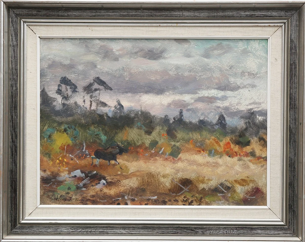 LINDORM LILJEFORS. Olja på pannå, Naturbild med älg, signerad Lindorm L, daterad -71. — Paintings — Limhamns Auktionsbyrå