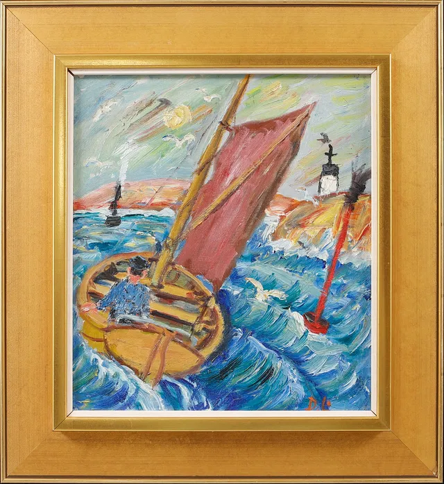 DAVID LARSSON. Man seglandes i skärgård, olja på duk, monogramsignerad.