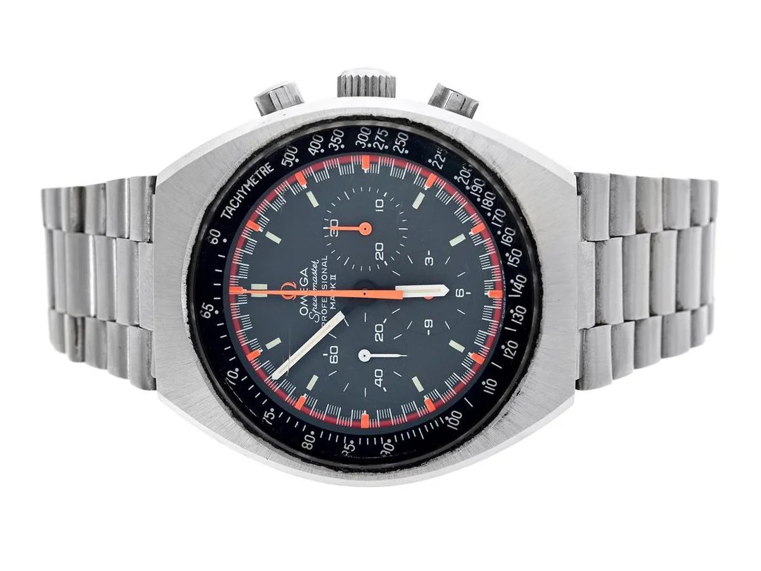 OMEGA, Speedmaster Professional, Mark II (T Swiss Made T), "Tachymetre", s.k. "Racing Dial", Cal 861, Serie nr. 32195149, Ref nr. ST 145.014, Boett nr. 145.014, kronograf, herrur, 41,5 mm, stål, manuell, mineralglas, originallänk, viklås, Ref nr. 1162/173, ca 1971. — Klockor/Omega — Kaplans