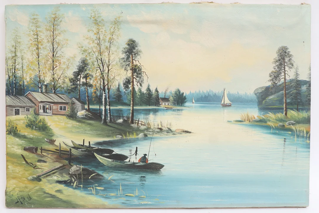 OIDENTIFIERAD KONSTNÄR. Landskap med figurer, 1900-talets första hälft, oljemålning på duk, otydligt signerad. — Paintings — Falun Auktionsbyrå