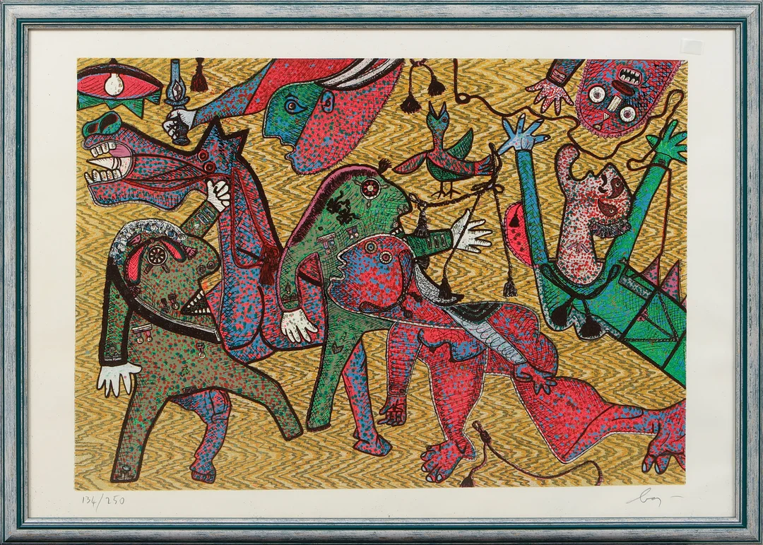 ENRICO BAJ. Färglitografi, signerad och numrerad 134/250. — Engravings & Prints — Göteborgs Auktionsverk