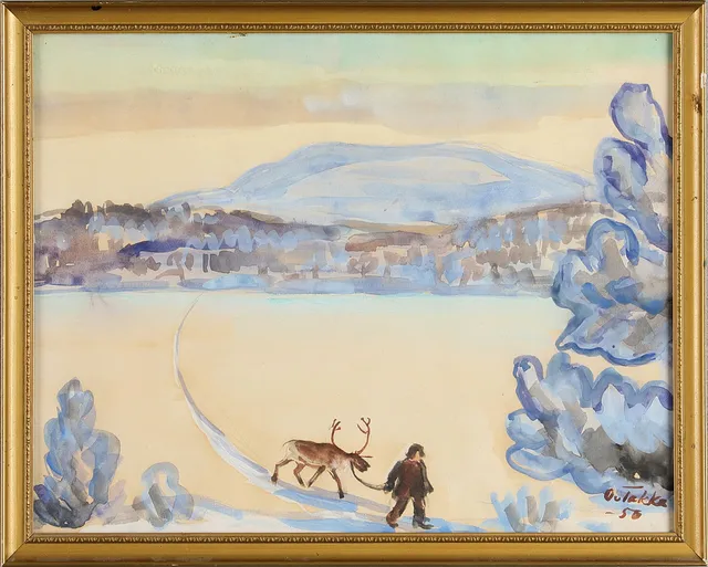 ALVAR OUTAKKA (1897-1951): Samiskt motiv, signerad och daterad -50, akvarell.