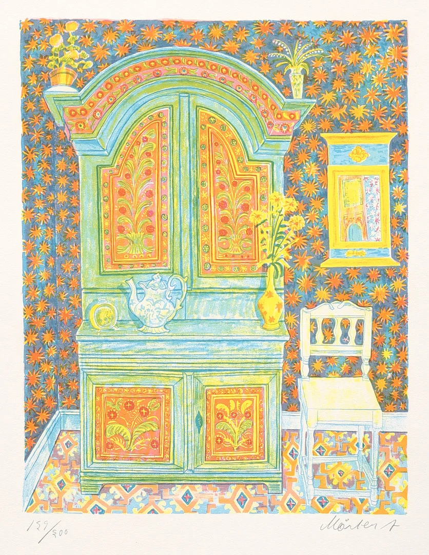 MÅRTEN ANDERSSON. Hälsingeskåp, färglitografi nr 129/200, signerad Mårten A. — Engravings & Prints — Garpenhus Auktioner