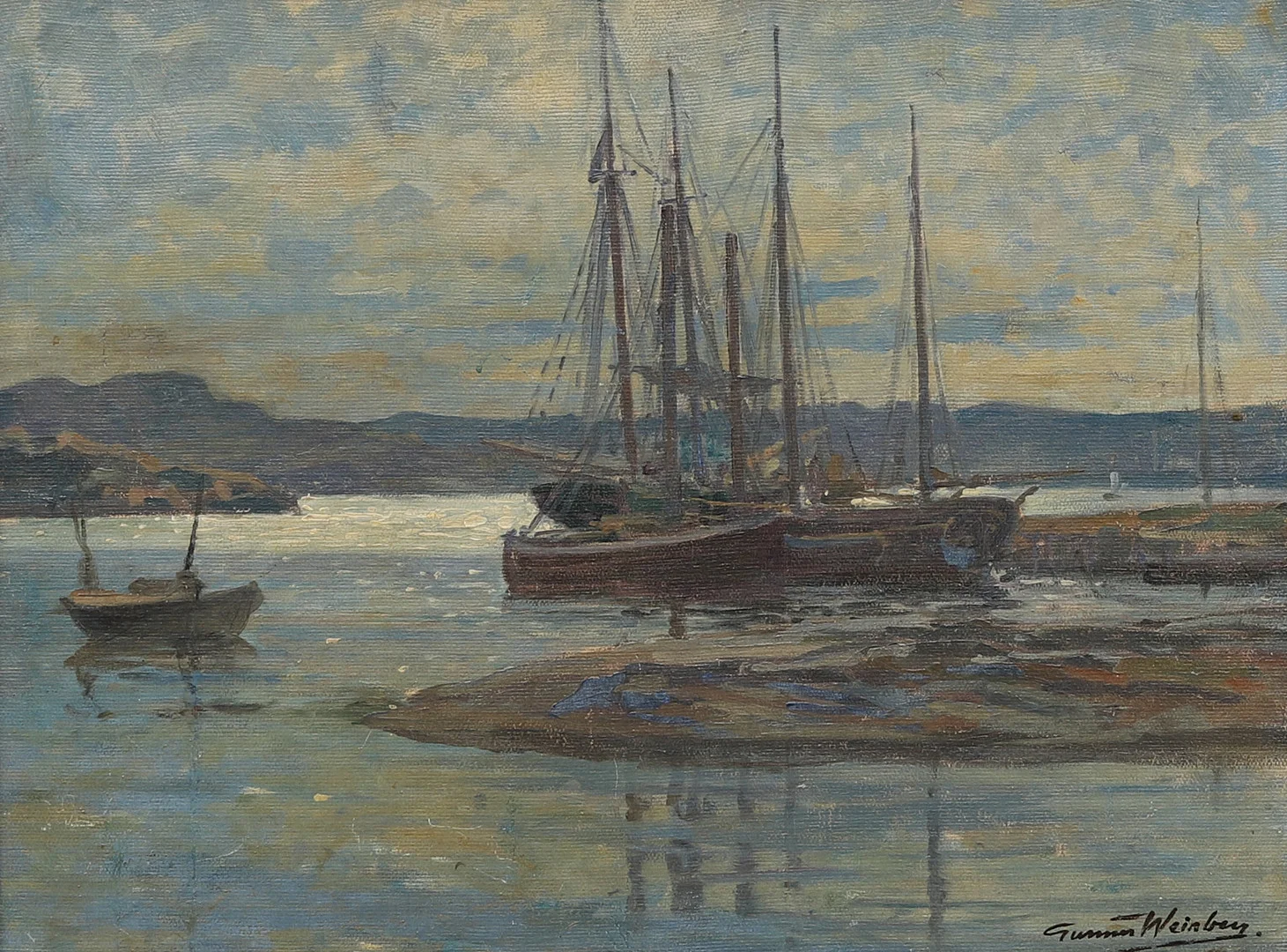 GUNNAR WEINBERG (1876-1959). Skärgårdslandskap med segelfartyg vid kaj, olja på duk, signerad. — Paintings — Crafoord Auktioner Malmö