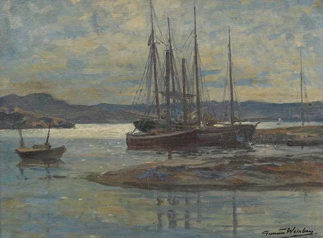 GUNNAR WEINBERG (1876-1959). Skärgårdslandskap med segelfartyg vid kaj, olja på duk, signerad.