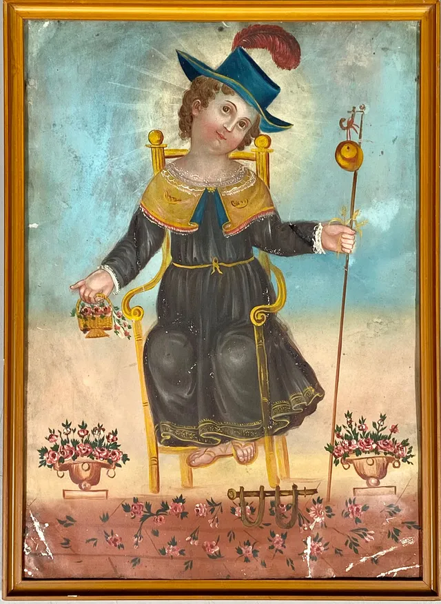 ESCUELA VIRREINAL SIGLO XIX. SANTO NIÑO DE ATOCHA, ÓLEO SOBRE ZINC.