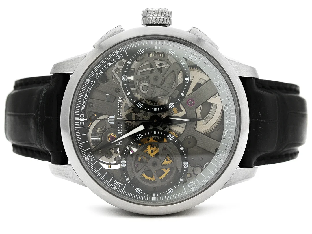 MAURICE LACROIX, Masterpiece Le Chronographe Squelette, Cal ML 106, Serie nr. 124/250, Ref nr. MP7128-SS001-000, Boett nr. MP 7128, kronograf, herrur, 45 mm, stål, manuell, safirglas, skeletterad, glasbaksida, läderband, viklås, cert (ej komplett), ca juli 2010, box, ytterkartong. Limiterad och numrerad (Nr. 124/250). — Klockor/Maurice Lacroix — Kaplans