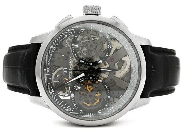 MAURICE LACROIX, Masterpiece Le Chronographe Squelette, Cal ML 106, Serie nr. 124/250, Ref nr. MP7128-SS001-000, Boett nr. MP 7128, kronograf, herrur, 45 mm, stål, manuell, safirglas, skeletterad, glasbaksida, läderband, viklås, cert (ej komplett), ca juli 2010, box, ytterkartong. Limiterad och numrerad (Nr. 124/250).