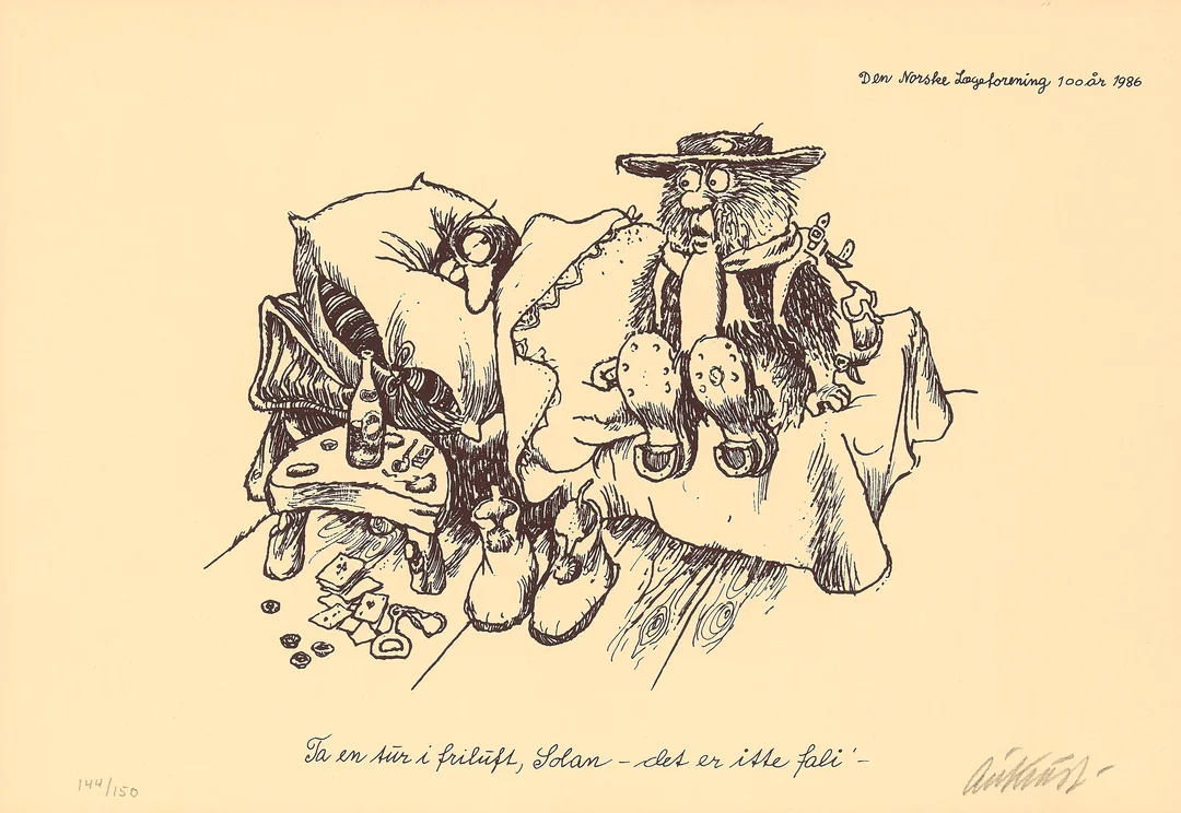 Aukrust, Kjell — "Ta en tur i friluft, Solan - det er itte fali'-" 1986 — Kunst/Grafikk — Blomqvist