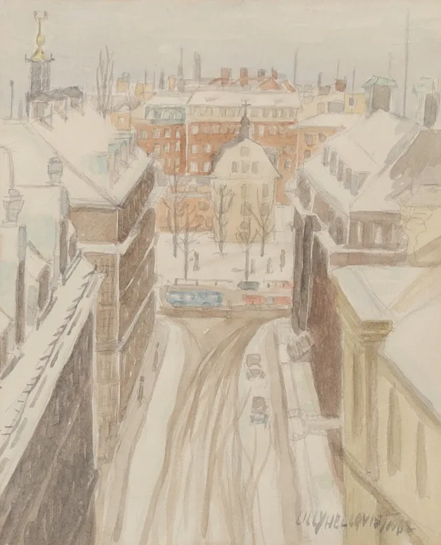 LILLY HELLQVIST. Stad i snö, blandteknik, signerad och daterad 1962.