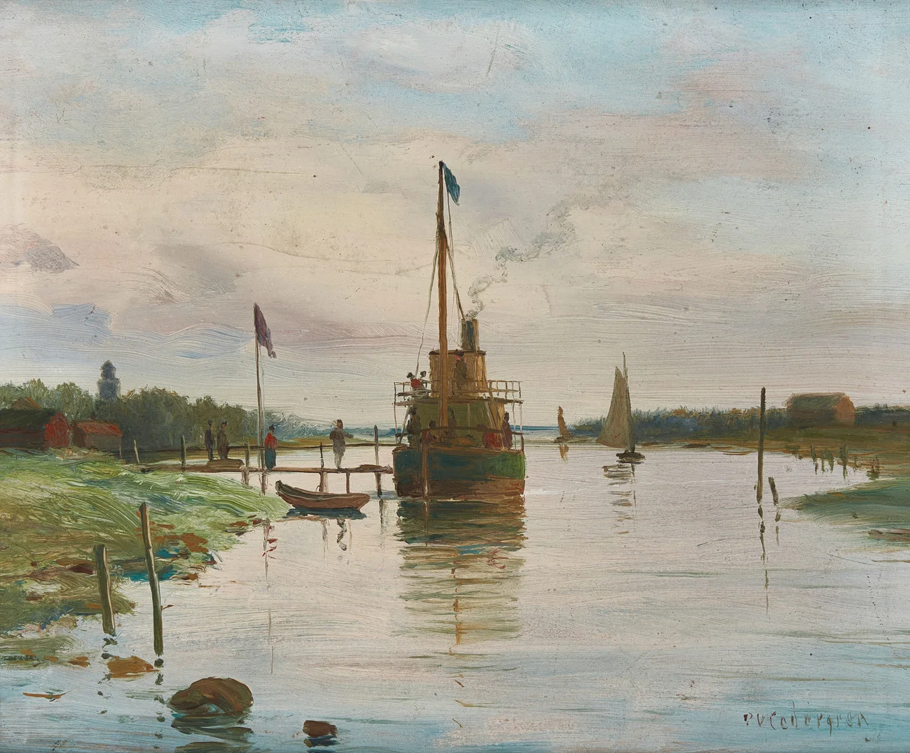 PER WILHELM CEDERGREN (1820-1896). Motiv med ångbåt vid brygga, olja på pannå, signerad. — Paintings — Crafoord Auktioner Stockholm