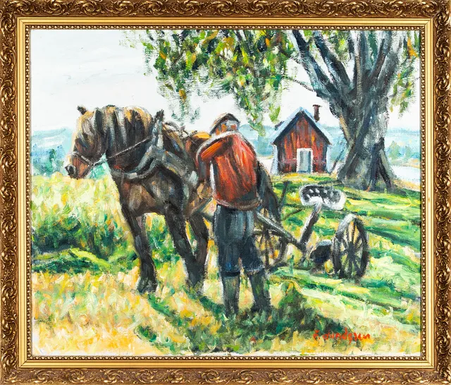 FRED LUNDGREN. Olja på duk, Figur med häst, Signerad.