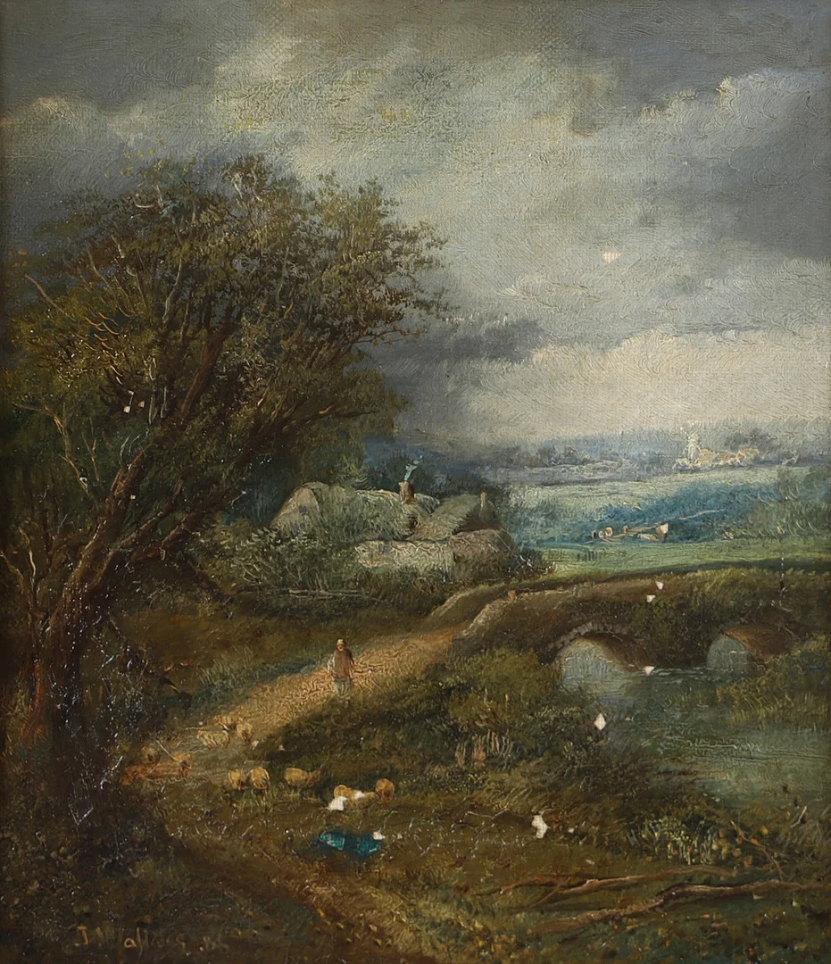 OIDENTIFIERAD KONSTNÄR. Landskap med bro och får, olja på duk, otydligt signerad. — Paintings — Helsingborgs Auktionskammare