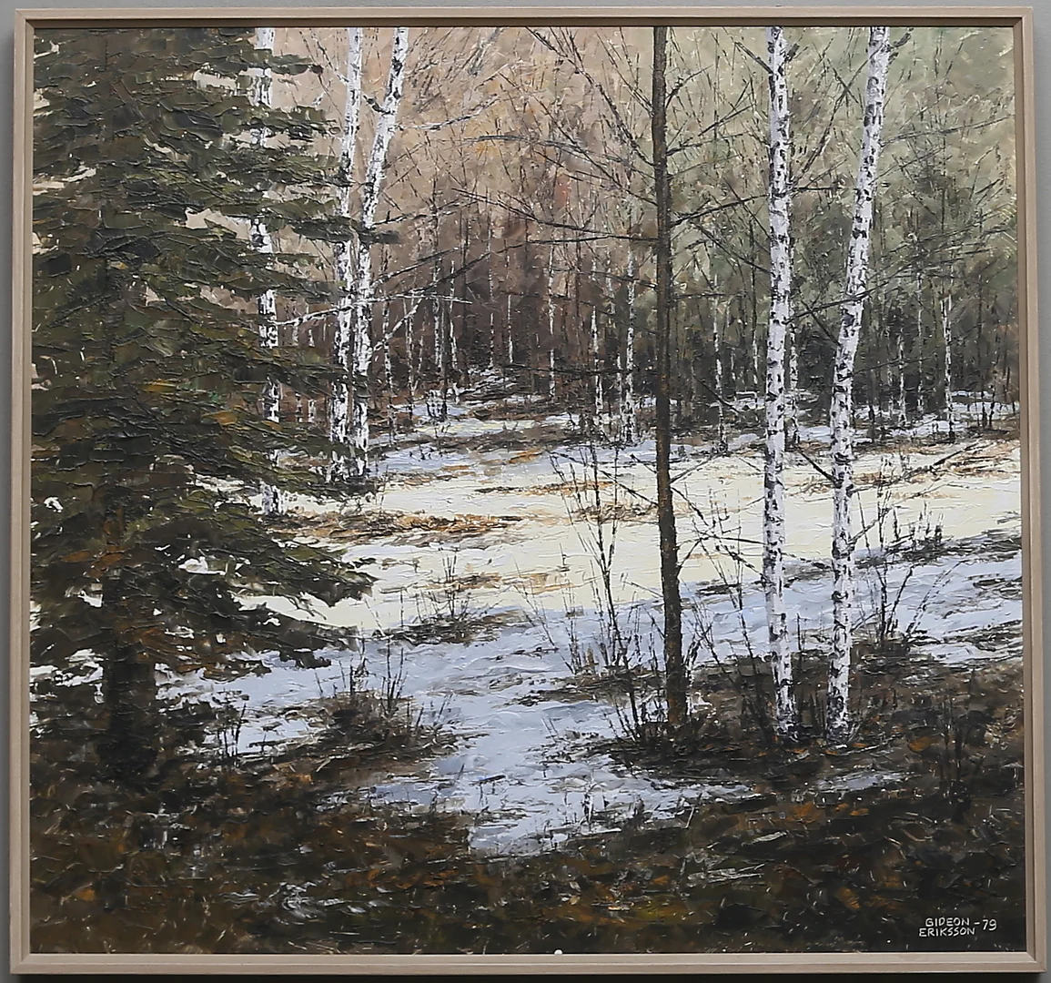 GIDEON ERIKSSON. Vårlandskap med björkar. Olja på pannå. Signerad och daterad -79. — Paintings — Gomér & Andersson Linköping