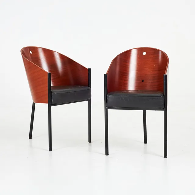 PHILIPPE STARCK. Fåtöljer, 1-par, "Costes", för Aleph, Driade, Italien, skiktlimmad formpressad mahogny, etikettmärkta.