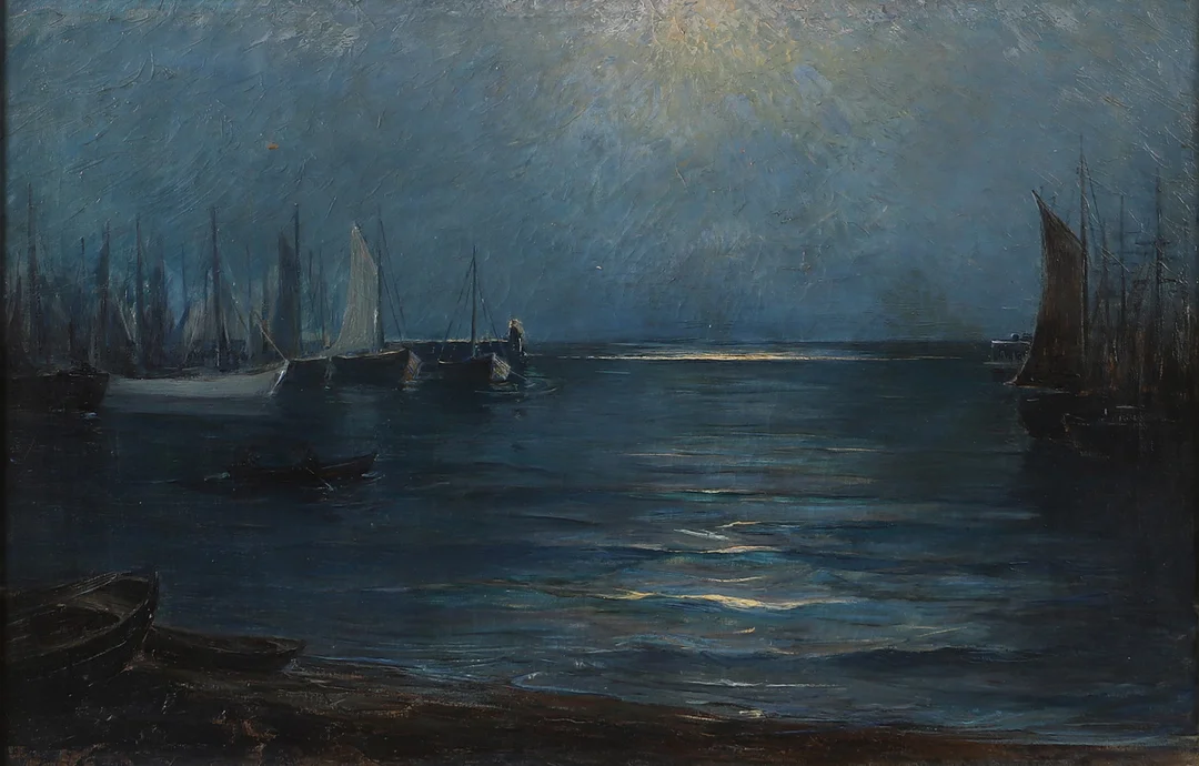 OKÄND KONSTNÄR. Kustparti med bådat, olja på duk, osignerad. — Paintings — Helsingborgs Auktionskammare
