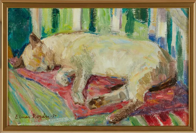 EINAR ROSÉN. sovande katt, olja på duk, signerad samt daterad -74.