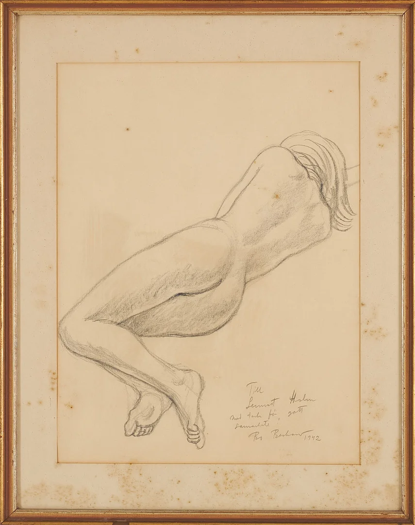 BO BESKOW. Liggande modell, blyerts, med dedikation. — Drawings — Stockholms Auktionsverk Sickla