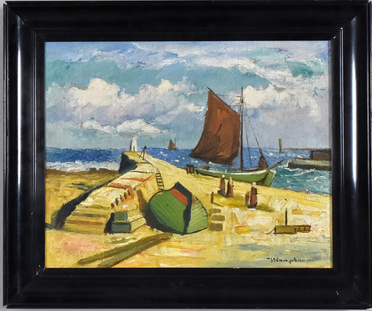 JENS KONGSHAMMER. oljemålning på duk, hamnparti med båtar. — Paintings — Halmstads Auktionskammare