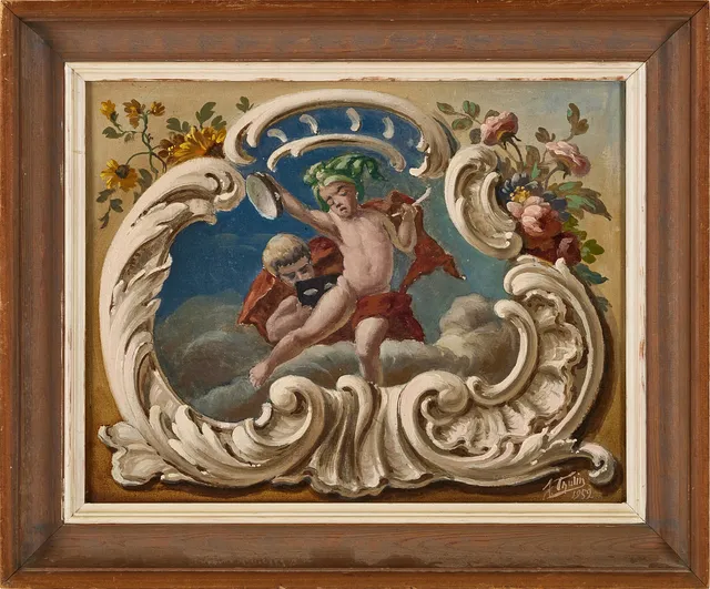 JÖNS THULIN (1867-1963). Figurscen i rokokostil med putti, olja på pannå.