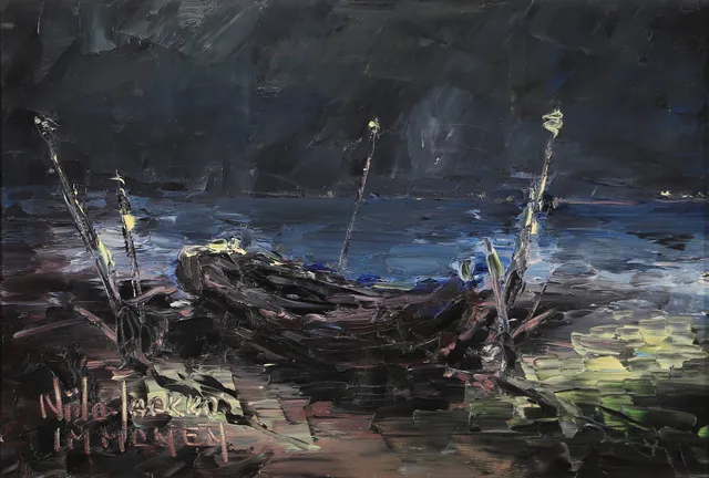 NIILO JAAKKO IMMONEN. Båt vid havet, olja på duk, signerad.