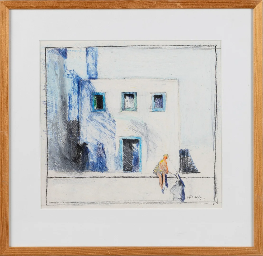 HÅKAN NYBERG (1938-2013). Hus med figurer, blandteknik på papper. — Paintings — Stockholms Auktionsverk Helsingborg