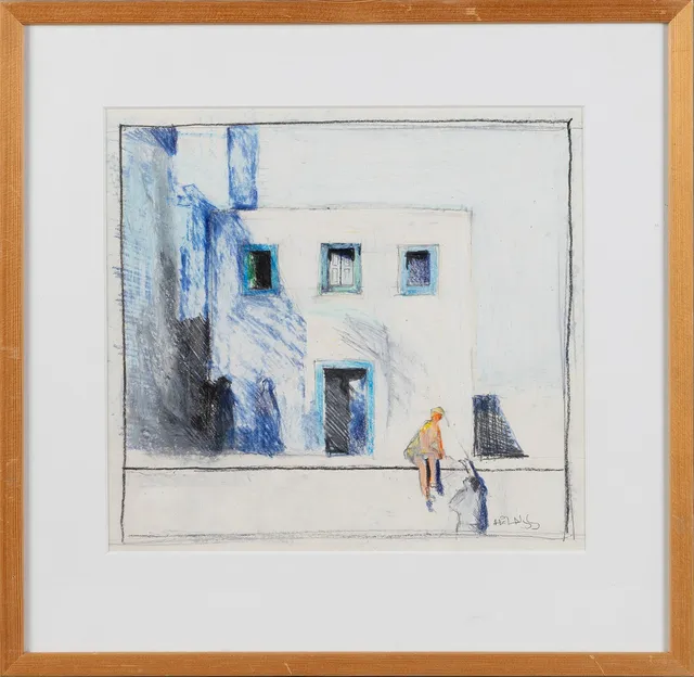 HÅKAN NYBERG (1938-2013). Hus med figurer, blandteknik på papper.