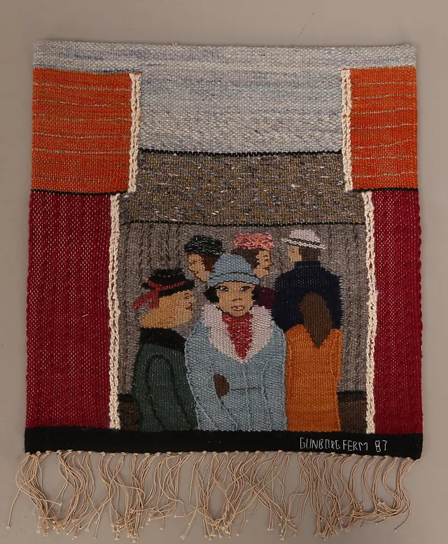GUNBORG FERM (1930-2016). textilkonst, flamskvävnad, polykrom, signerad Gunborg Ferm 1987, "Fem kvinnor".