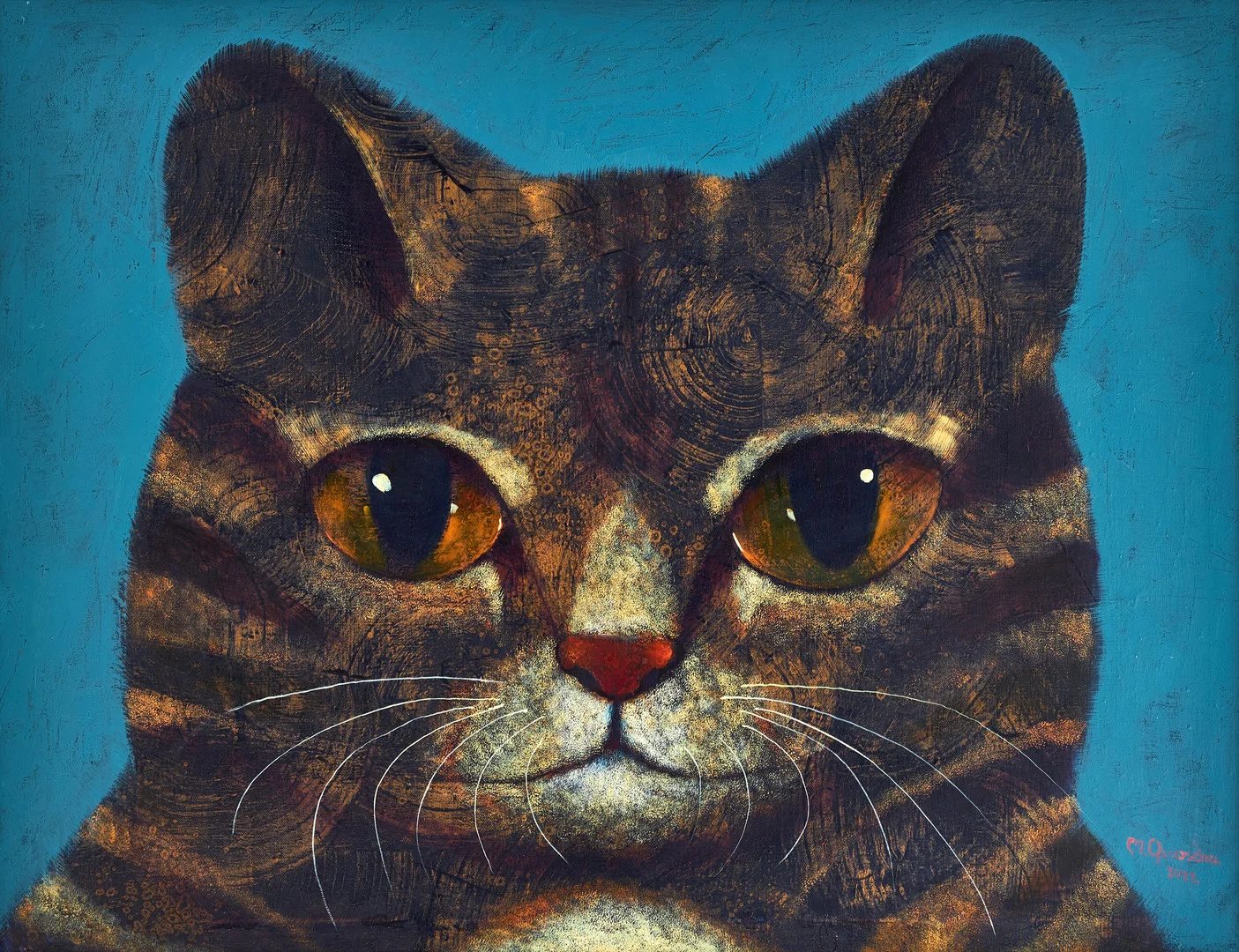 MICHAEL QVARSEBO (född 1945). Randig katt, signerad och daterad M. Qvarsebo 2022, olja på duk. — Paintings — Crafoord Auktioner Stockholm