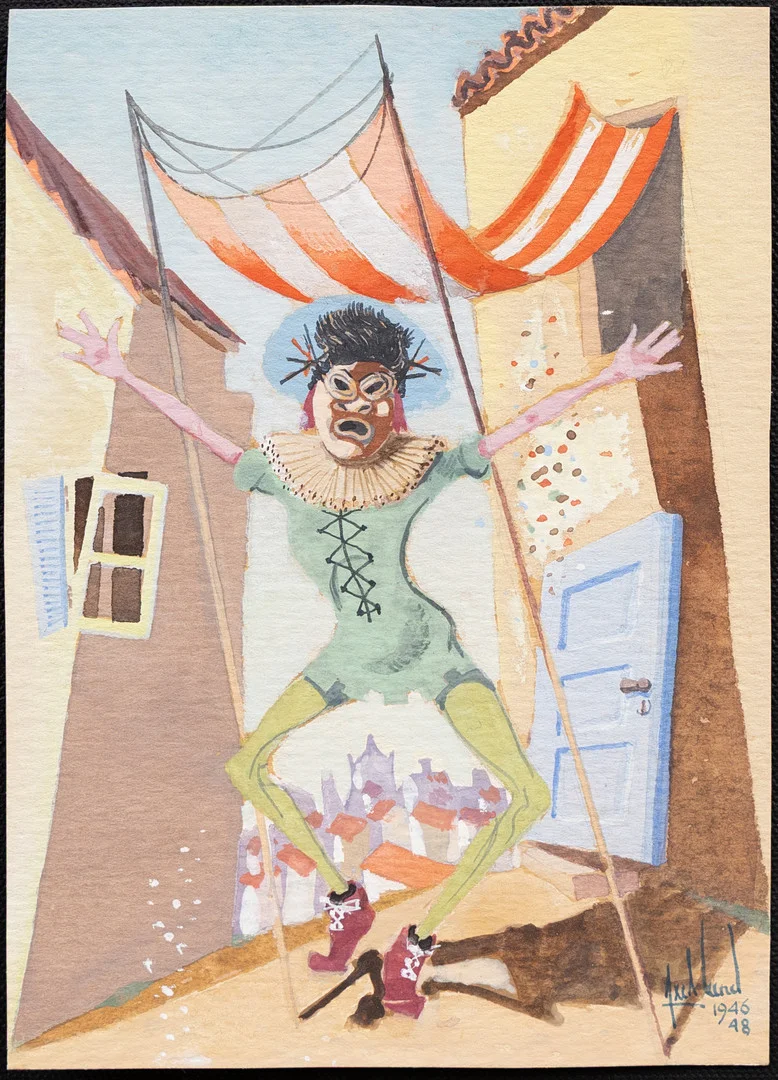 AXEL LUND (1919-1997). Pajas under solskydd, gouache, signerad och daterad 1946-48. — Paintings — Garpenhus Auktioner