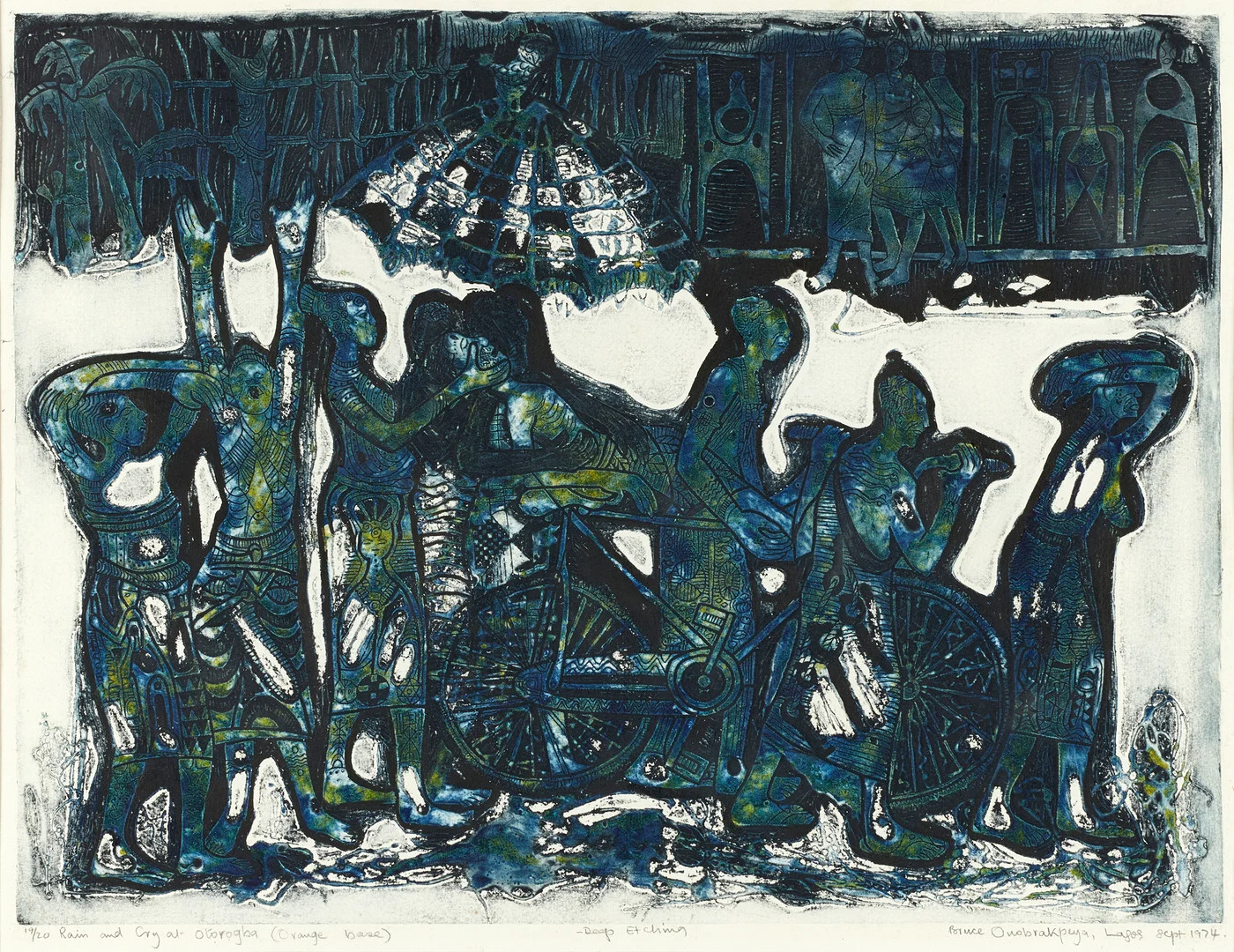 BRUCE ONOBRAKPEYA (NIGERIA, 1932–). Rain and cry at Otorogba (orange base), signerad, numrerad 19/20, etsning. — Engravings & Prints — Crafoord Auktioner Stockholm