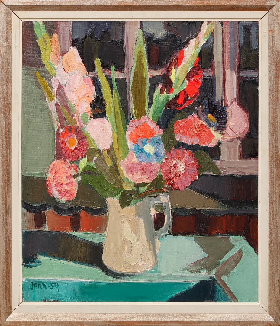 GUNNAR JONN. "Blommor mot mörk ruta", olja på duk, signerad och daterad -59. — Paintings — Göteborgs Auktionsverk